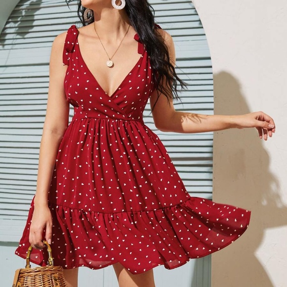 Boho red v neck hearts ruffle hem mini dress - Picture 1 of 5